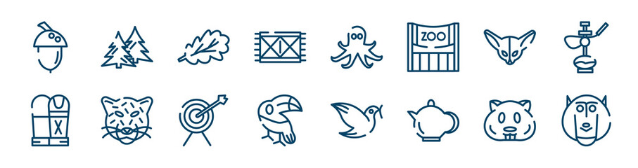 animal head icons set such as spruce, rug, fennec, sarcophagus, archery, hamster outline vector signs. symbol, logo illustration. linear style icons set. pixel perfect vector graphics.