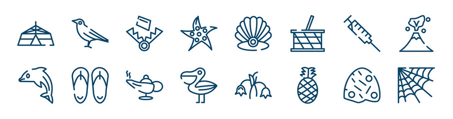 wildlife icons set such as crow, starfish, syringe, dolphin, magic lamp, anthill outline vector signs. symbol, logo illustration. linear style icons set. pixel perfect vector graphics.