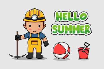 Cute miner with hello summer banner