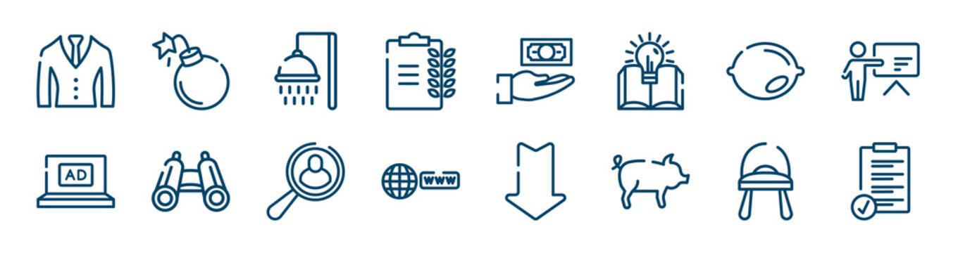 icons set such as bomb, nutrition, lemon, ad, job, chair outline vector signs. symbol, logo illustration. linear style icons set. pixel perfect vector graphics.