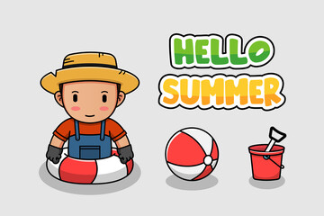 Cute farmer swimming with hello summer greeting banner