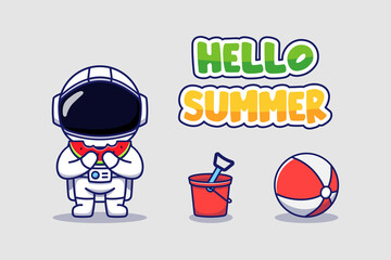 Cute astronaut with hello summer greeting banner