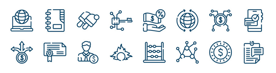 business icons set such as contact list, digital key, spreading, pathway, banker, dollar coin outline vector signs. symbol, logo illustration. linear style icons set. pixel perfect vector graphics.