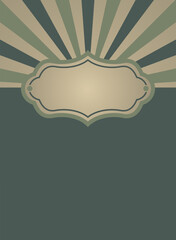 Sunlight retro faded background with vintage frame for text. dark green and beige color burst
