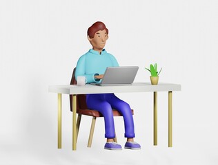 Illustration 3D character man at the desk office, home working using laptop.Smiling character freelancer, businessman working, cartoon style render