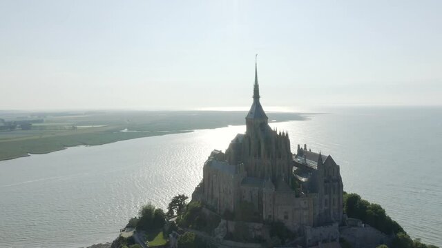 Aerial View Of Historical Mont-Saint-Michel Abbey With Seascape On A Sunny Day In Normandy, France.