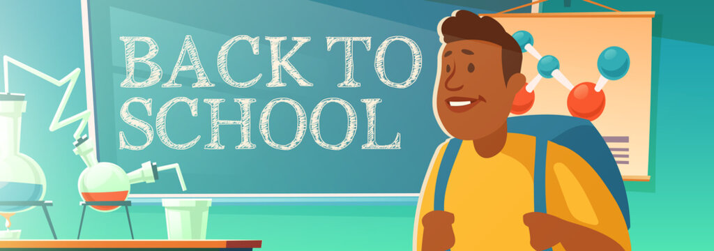 Back to school poster with black student in chemistry classroom. Vector banner with cartoon illustration of african american teenager with backpack in class with flasks on desk and text on chalkboard