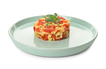 Plate with tasty tartare salad on white background
