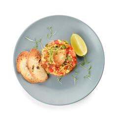 Fototapeta na wymiar Plate with tasty tartare salad, toasted bread and lime on white background