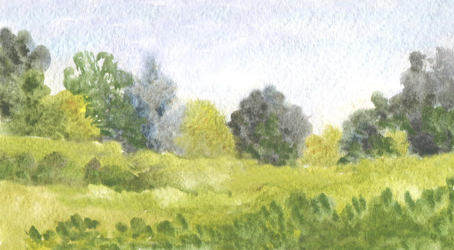 natural landscape with green grass and trees and bushes. hand drawn watercolor illustration