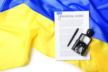 Document with stamp and flag of Ukraine on white background