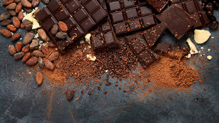 Cacao beans and chocolate on gray background.