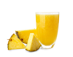 Glass of tasty pineapple smoothie on white background