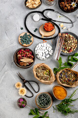 Alternative medicine variation pills and herbs. Alternative medicine variation pills and herbs. Homeopathy medicine concept.