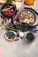 Alternative medicine variation pills and herbs. Alternative medicine variation pills and herbs. Homeopathy medicine concept.