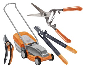 Watercolor hand drawing garden tools: lawn mower, scissors, pruner. Use for card, print, postcard, poster, print, design, pattern, shop, advertising, market, magazine, flyers, label, illustration