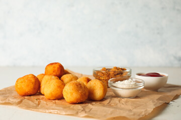 Fried potato balls and different sauces on table
