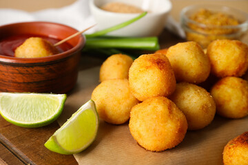 Tasty fried potato balls on board