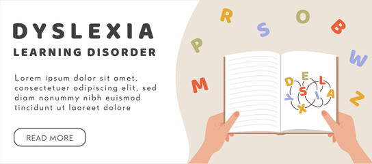 Dyslexia concept. A person hands holding a book. Failing to read. Learning disability. Confused, entangled words and letters. Vector illustration in flat style. - obrazy, fototapety, plakaty