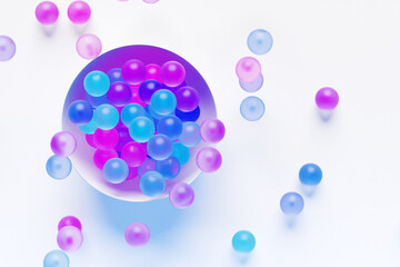 3D illustration of a large plate with colorful glass balls flying in different directions on a white background. Shiny beads