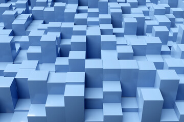3d illustration of rows of   blue neon squares .Set of cubes on monocrome background, pattern. Geometry  background