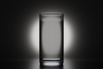 3D full drinking glass isolated on round light and black background. Realistic 3d rendering of full drinking glass. 