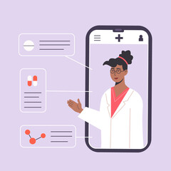 African-american doctor gives online diagnosis. Pharmacist in Online Drugstore. An app with medical consultation. Online medication prescription. Vector illustration.