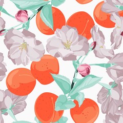 Seamless peach with flowers. Pattern with fruits background.  Summer vibes. Texture for textile, postcard, wrapping paper, packaging etc.