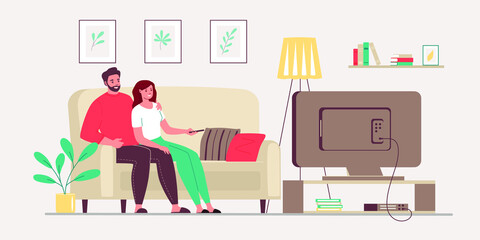 Young couple sitting on couch together, watching movie.  Happy man and woman relaxing and watching video. Cartoon vector illustration