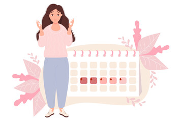 Obraz na płótnie Canvas The girl looks at calendar. woman stands near next to her menstruation calendar. Raised her hands and meditates. Vector illustration. Girl menstruation concept and womens health