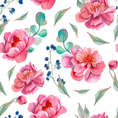 Peony Seamless Pattern floral pattern with peonies on light background, watercolor.