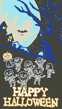 ハッピー　Happy　ハロウィン　Halloween　ガイコツ　skeleton　カボチャ　pumpkin　屋敷　Mansion　満月　full moon　背景　background　壁紙　wallpaper 素材　Material