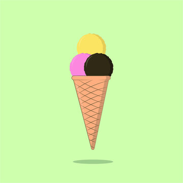 Vector image of an ice cream cone with delicious balls of chocolate, strawberry, lemon ice cream flies on a monochrome background