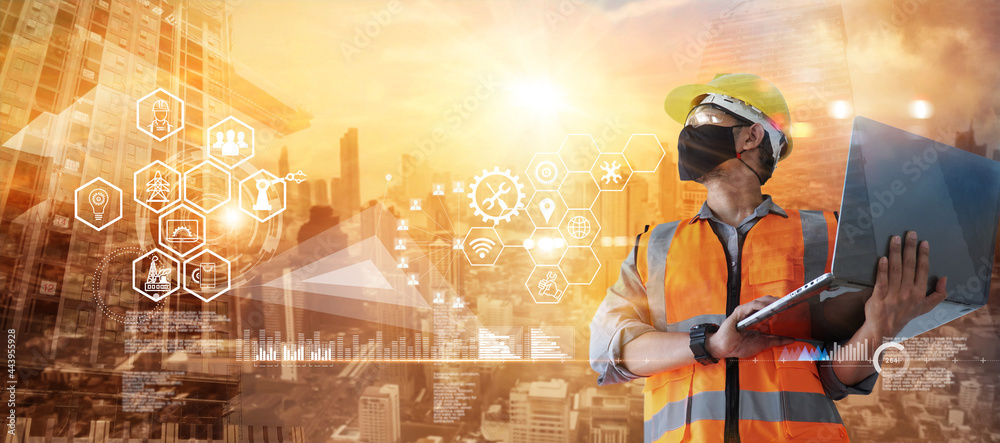 Poster double exposure. construction worker with laptop computer with icon construction on background of co