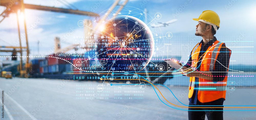 Poster transport and logistic, foreman checking and control logistic network and online goods orders with d