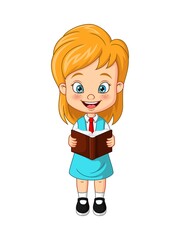 Cartoon funny girl student stands and reading a book