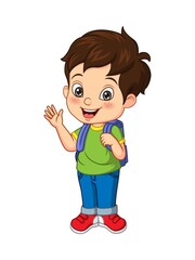 Cartoon happy school boy waving hand