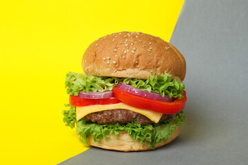 Concept of tasty food with delicious burger
