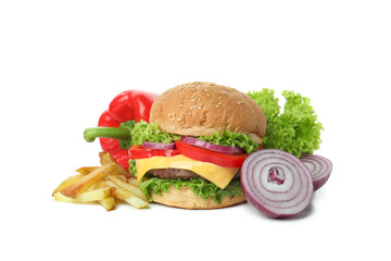 Concept of tasty food with burger isolated on white background