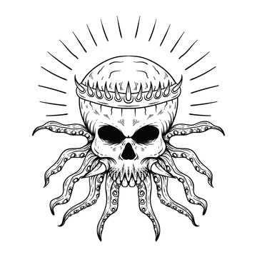 Black and white vector drawing of an octopus in pirate's hat with skull,