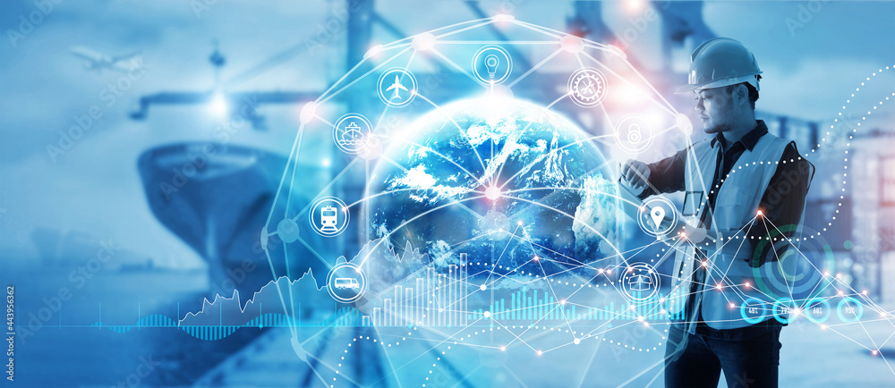 Poster transport and logistic, foreman checking up and control timing of cargo freight network distribution