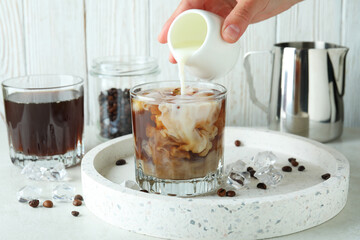 Concept of cooking ice coffee, close up