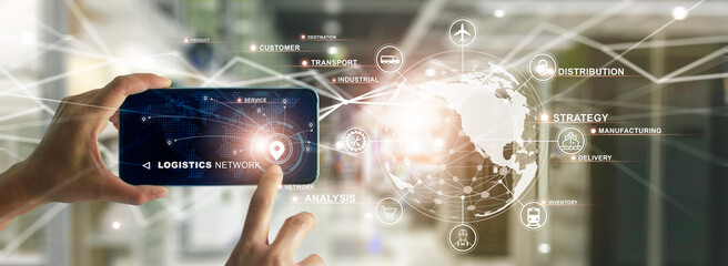 Workers using smartphone cargo and tracking delivery with a mobile phone, Transportation and global network of smart logistics in warehouse background.