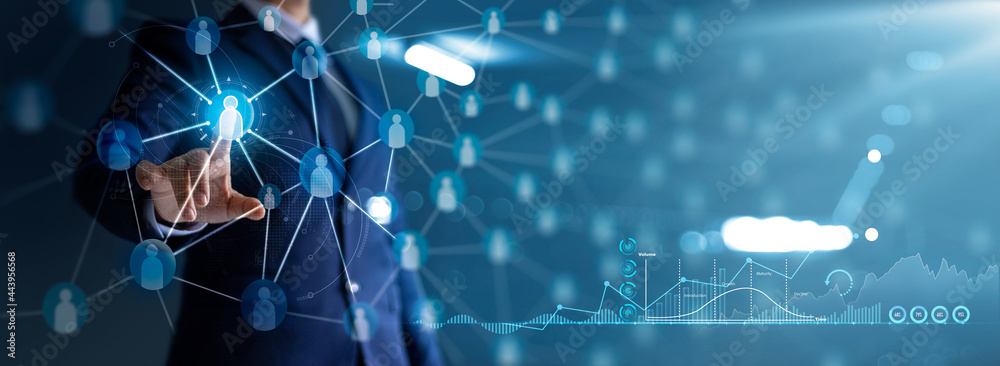 Poster Businessman touching customer icon on global structure networking and data exchanges, Economic growth graph chart, Business and technology on dark background.