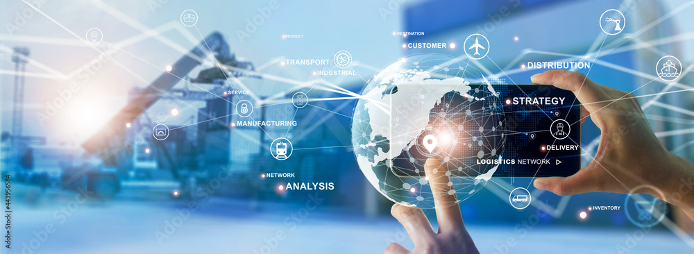 Poster Workers using smartphone cargo freight loading and tracking delivery with a mobile phone, Transportation and global network of smart logistics, Import-export
