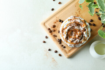 Concept of delicious drink with ice coffee on white textured table