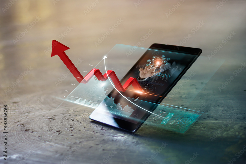 Poster Business growth, increasing red arrow graph on business data report with growth profit on virtual interface in mobile smartphone. Successful digital marketing technology and global business progress.