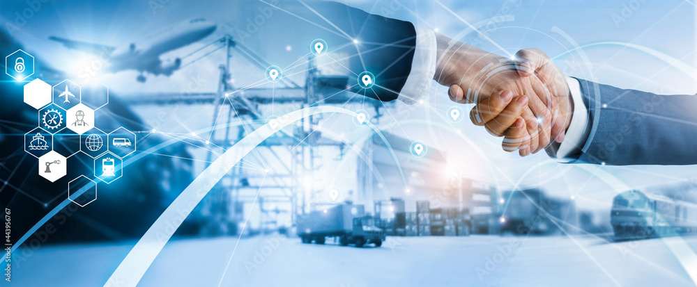 Poster .businessman handshake of business deal with logistic and transportation global network distribution
