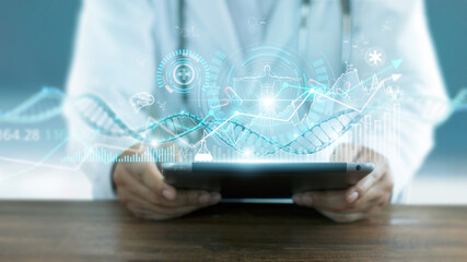 .Healthcare business graph data and growth, Medical examination and doctor analyzing medical report...