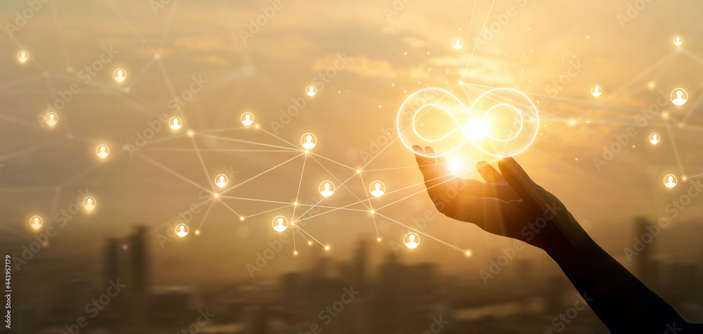 Poster hands holding sign of infinity on global customer network connection. digital marketing and unlimite